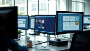 Modern office workspace with computers showcasing wps下载 features and productivity tools.