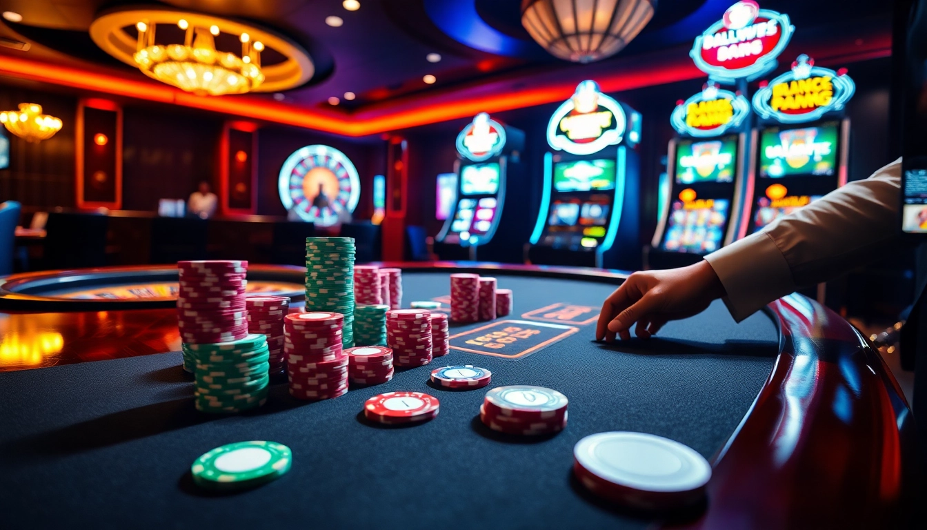 Experience high-stakes poker at say88, featuring vibrant chips and an elegantly lit casino atmosphere.