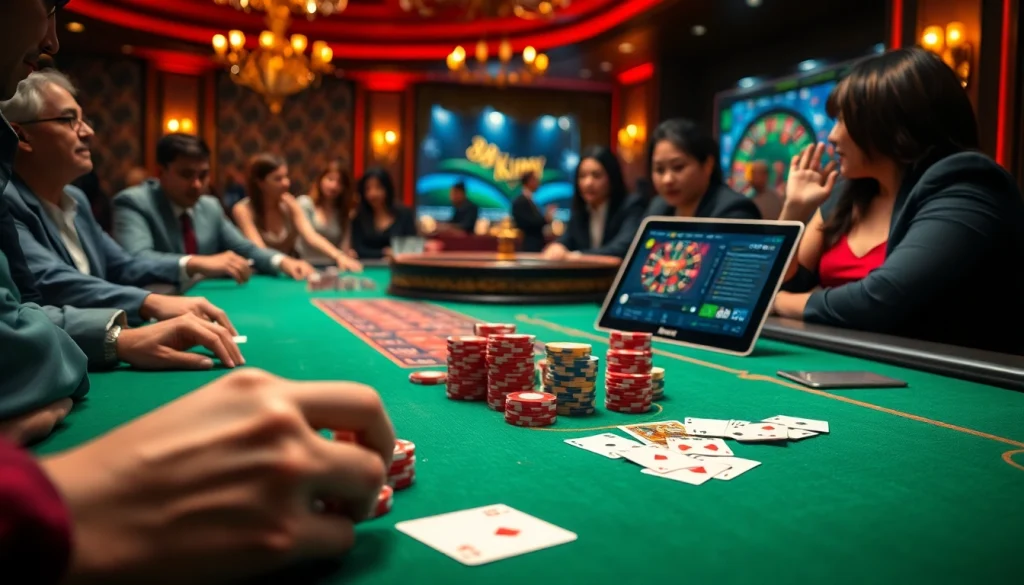 Engaging scene at a casino table showcasing the excitement of 88king with poker chips and a spinning roulette wheel.