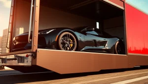 Showcasing premium auto transport services at https://luxuryautocarriers.com with a luxury car in transit.