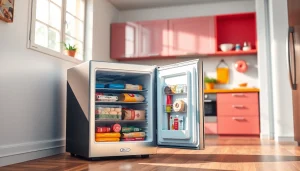 Explore features of a compact mini freezer in a stylish kitchen setting, showcasing its capacity and design.