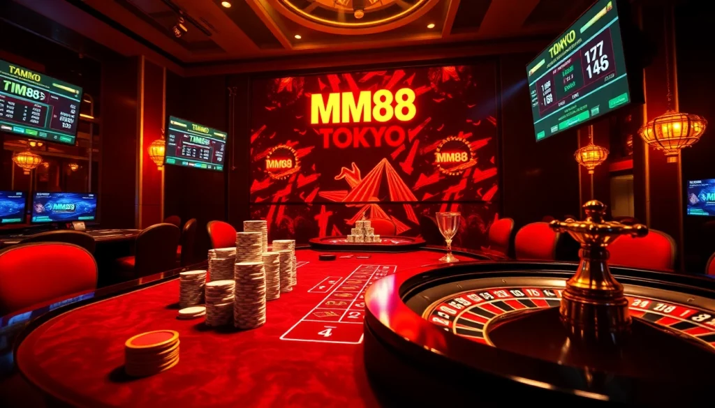 Engage in thrilling gameplay at MM88 Tokyo, featuring a luxurious casino setup with professional dealers and vibrant poker chips.