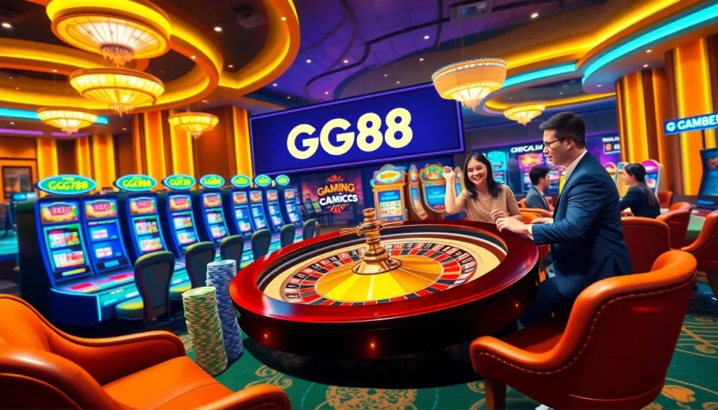 Players engaging at GG88 with vibrant slot machines and professional casino tables.
