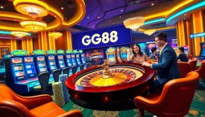 Players engaging at GG88 with vibrant slot machines and professional casino tables.