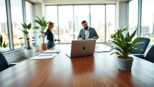 Engaging real estate agents in a modern office discussing properties for sale.