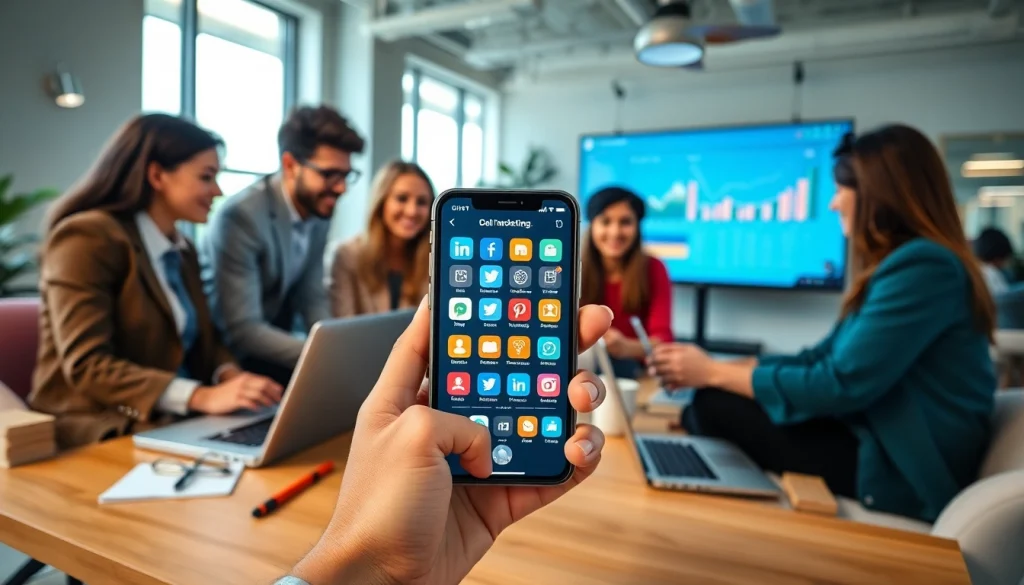 Engaging team discussing social media marketing edmonton strategies in a vibrant office.