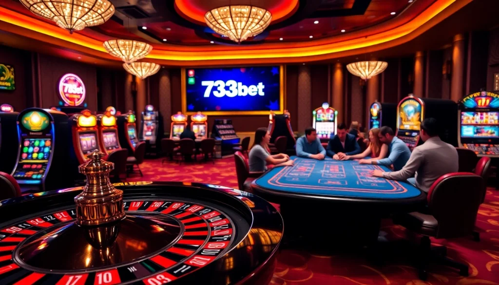 Engage with thrilling games at 733bet App, featuring roulette and poker action in a luxurious casino setting.