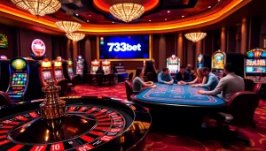 Engage with thrilling games at 733bet App, featuring roulette and poker action in a luxurious casino setting.