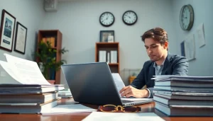 Traducteur assermenté anglais dans un cadre professionnel examinant des documents officiels.