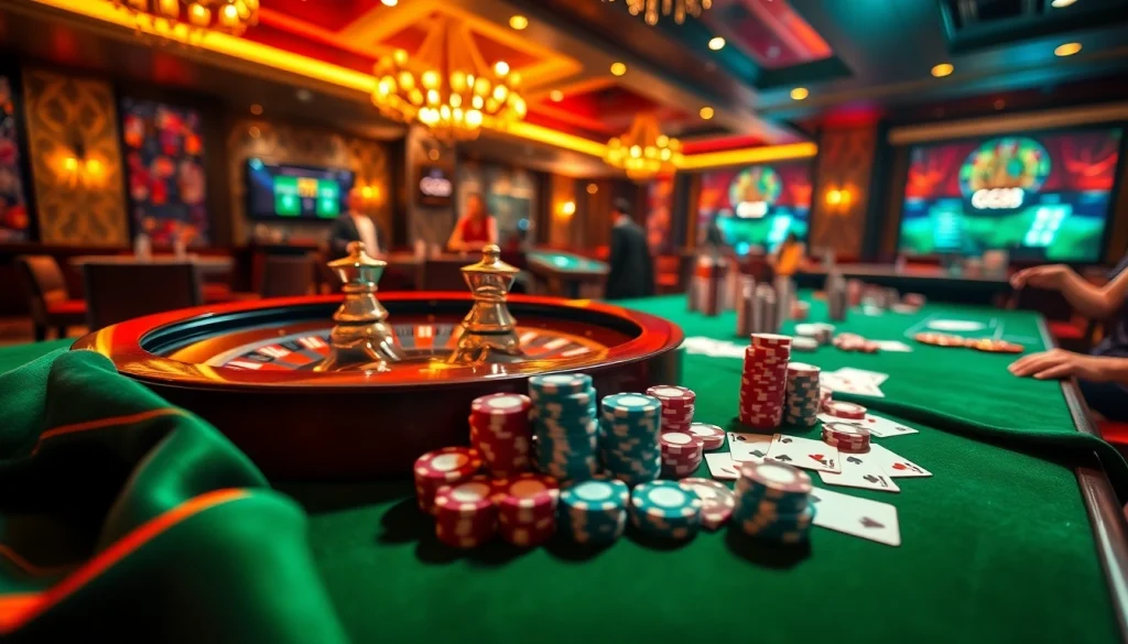 Exciting gambling action at GG88biz with roulette wheel and poker chips on a plush table.