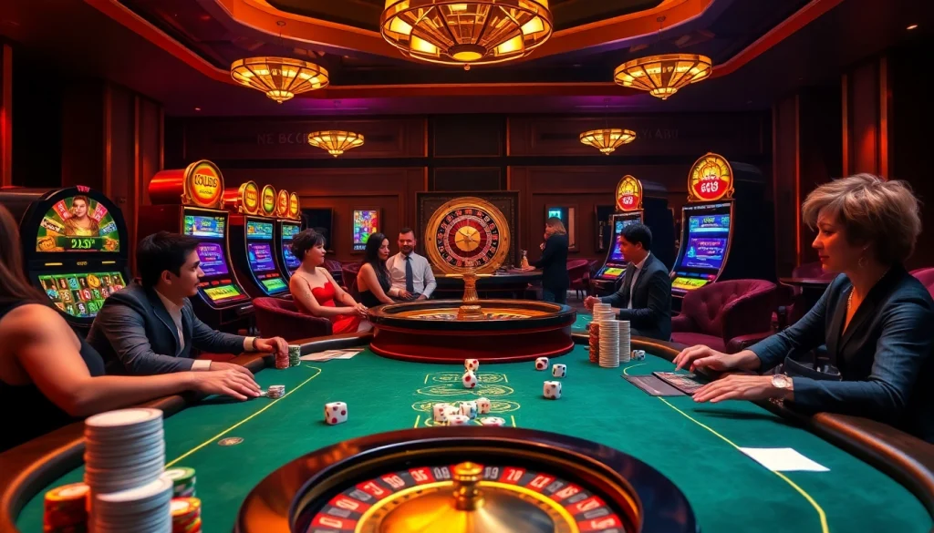 Players engaged in an exciting poker game at xx88casino.com with vibrant slot machines and roulette.
