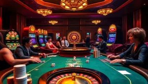 Players engaged in an exciting poker game at xx88casino.com with vibrant slot machines and roulette.