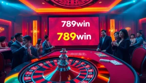 Experience the thrill of 789win as players engage with poker chips and a roulette wheel in a luxurious casino setting.