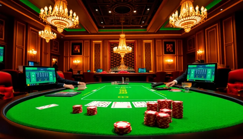 Excited players engage in poker at a luxurious Hi88 casino table embellished with chips and cards.