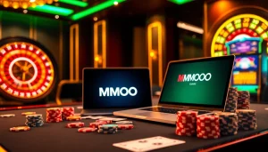 Engaging gamblers in a luxurious casino setting with MMOO brand elements and vibrant game visuals.