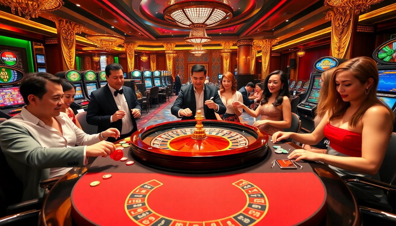 Betting excitement at a luxurious casino scene highlighting https://s88.works/ with roulette, chips, and players.