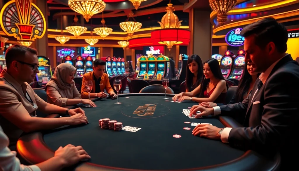 I9BET poker players focused on winning as vibrant slot machines gleam in the background.