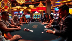 I9BET poker players focused on winning as vibrant slot machines gleam in the background.