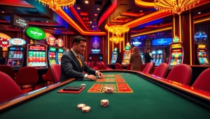 Experience excitement at TOPVIP COM with a vibrant virtual casino scene featuring luxurious slot machines and a dealer.