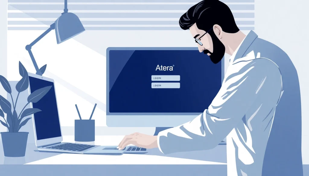 Atera login troubleshooting: technician solving access issues on a laptop.