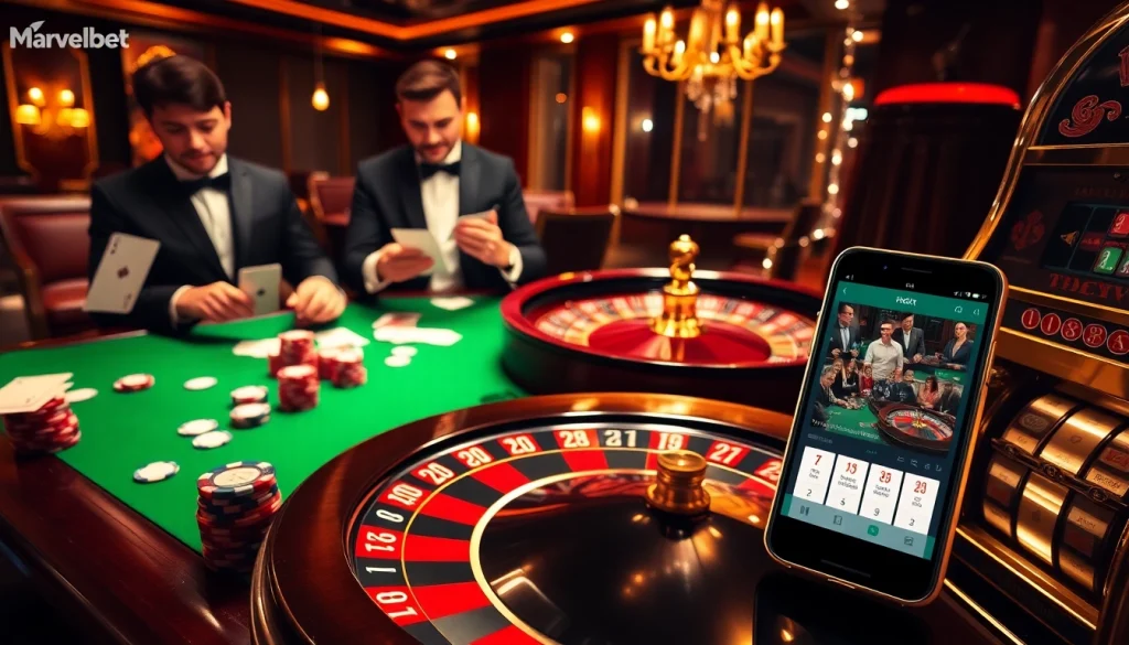 Marvelbet players engaging in high-stakes action at a vibrant casino table.
