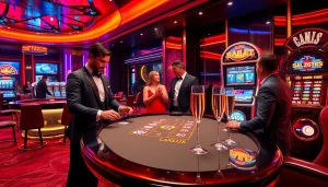 Exciting MMOO casino scene with players at a blackjack table and roulette wheel.