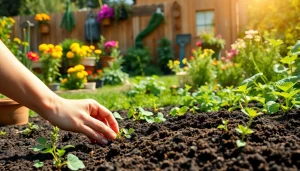 Gardening tips with vibrant flower beds and healthy vegetable plants showcased in a sunny backyard.