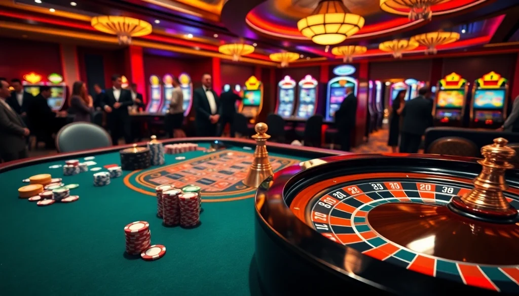 Experience thrilling live football with ดูบอลสด at a dazzling casino, featuring poker tables and roulette wheels.