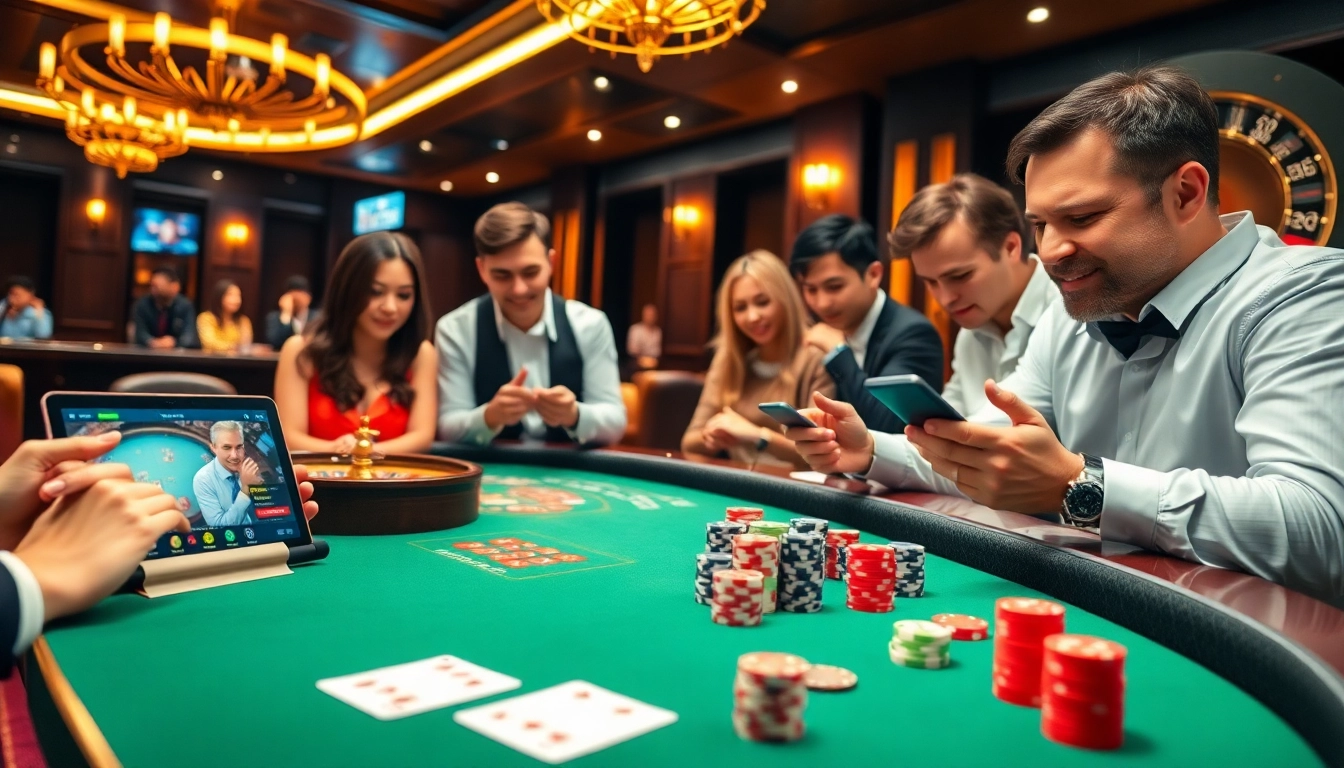 Players enjoying a vibrant gaming experience at Nhà Cái RR88, featuring casino tables and online interfaces.