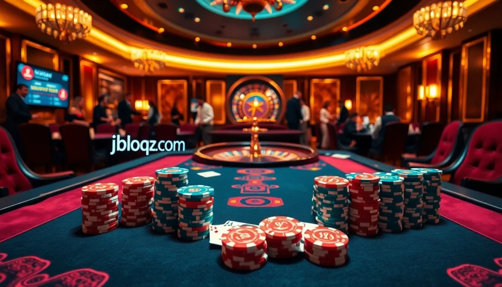 Engaging poker game scene featuring jboqz.com with luxurious ambiance and vibrant elements.