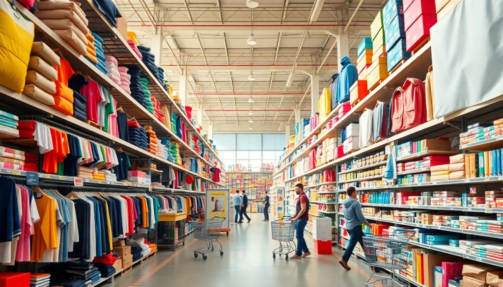 Showcase a vibrant wholesale display featuring various products in a modern warehouse setting.