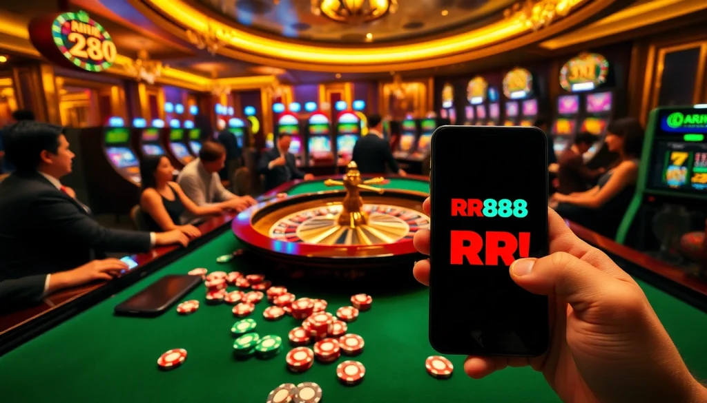 Players enjoying a high-stakes game at RR88 casino, showcasing roulette wheels and vibrant slot machines.