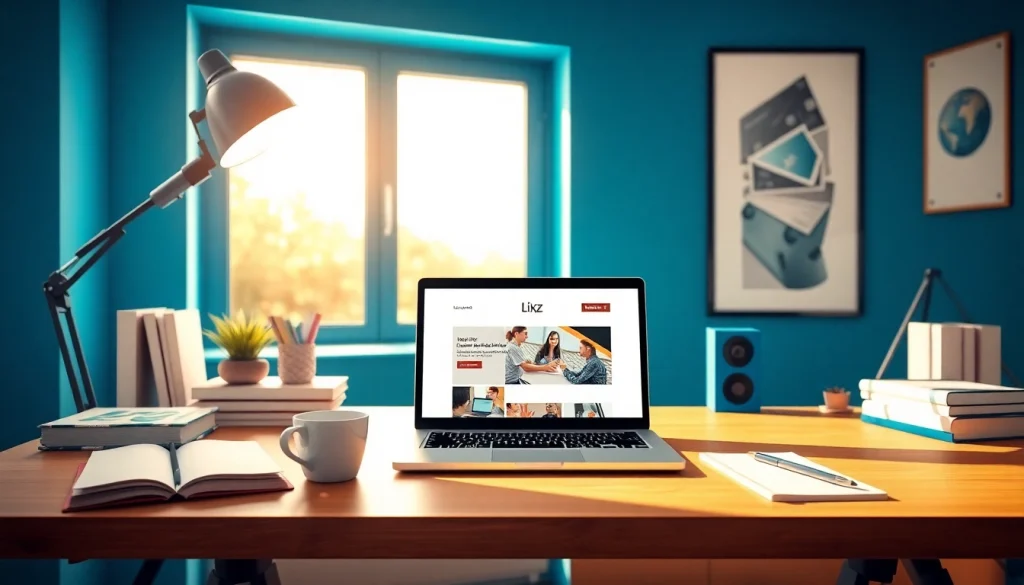 Modern workspace showcasing blogslabs.xyz on a laptop with inviting decor.