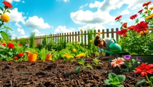 Gardening enthusiast planting seeds in a colorful vegetable garden, surrounded by tools.