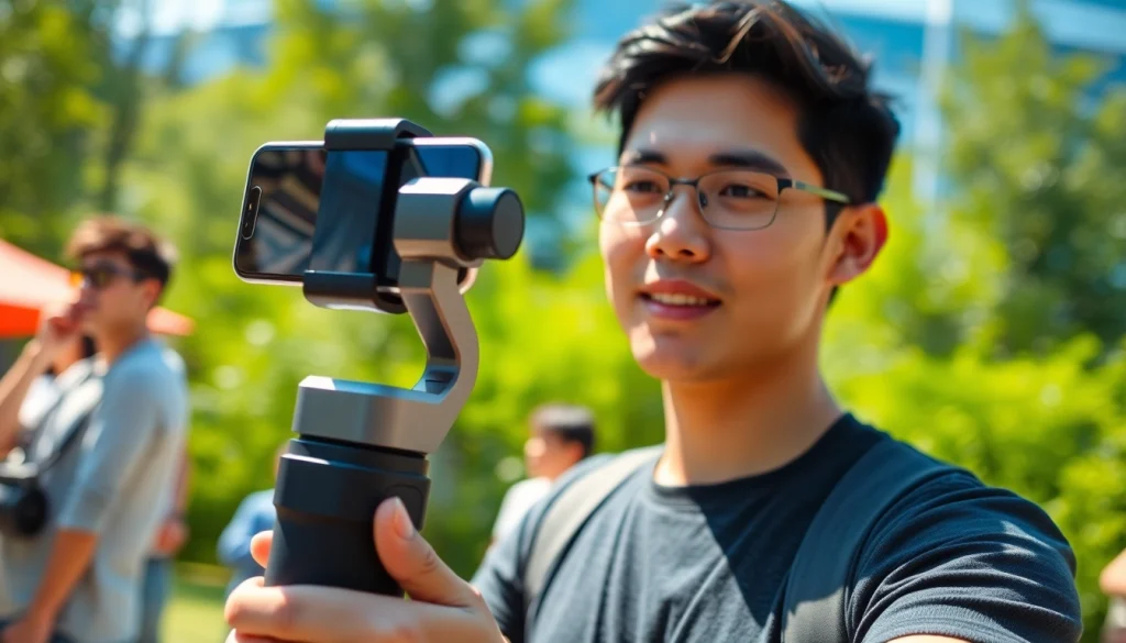 Excited videographer using a phone gimbal to capture footage at an outdoor event.