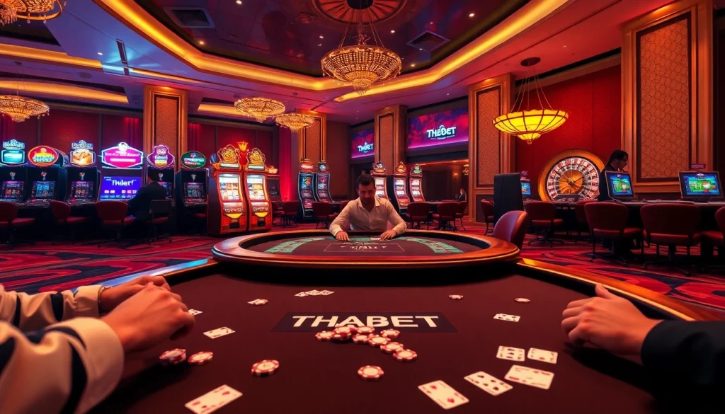 Thrilling THABET casino scene with poker games and vibrant slot machines.