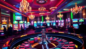 UU88 casino players celebrate a win at a vibrant roulette table in a luxurious setting.