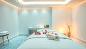 Spa Ads showcasing a serene massage room with calming decor, relaxing ambiance, and elegant details.