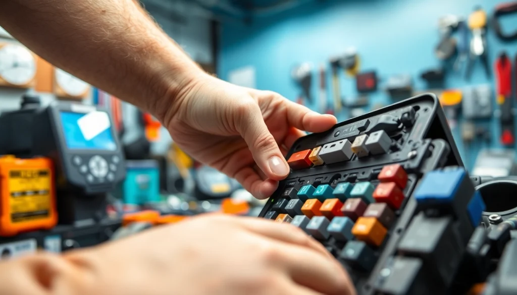 Automotive technician checking fuses from https://bezpieczniki24.pl in a professional workshop setting.