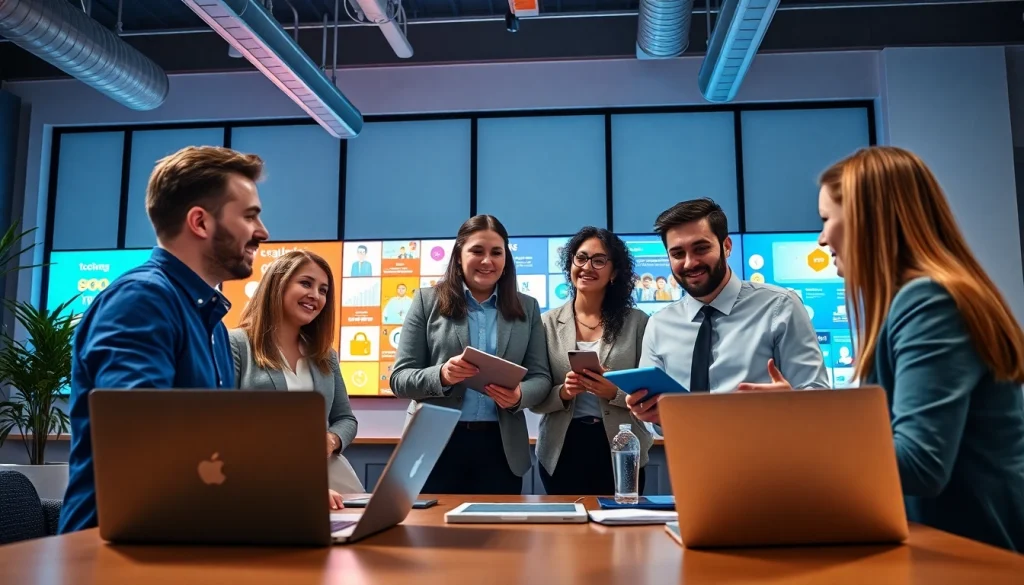 Showcasing social media marketing edmonton experts collaborating in a vibrant office.