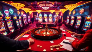 Experience high-stakes excitement at https://sshbet.io/ with a vibrant casino scene featuring roulette and slot machines.