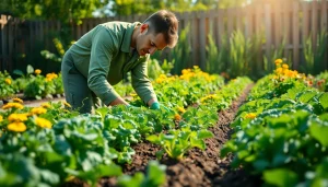 Gardening expert nurturing a lively vegetable garden with blooming plants.