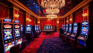 Excited players enjoying toto slot machines in a luxurious casino setting.