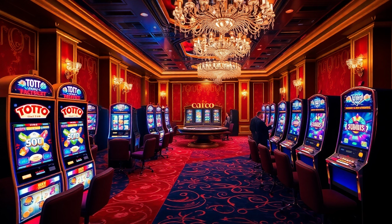 Excited players enjoying toto slot machines in a luxurious casino setting.