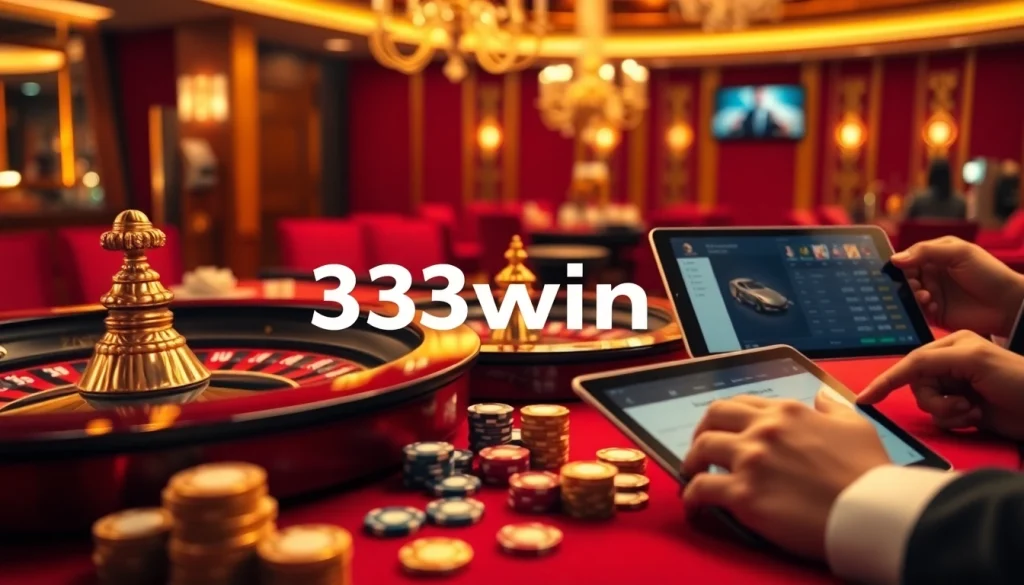 Immersive casino experience highlighting 33win with poker chips and a roulette wheel.