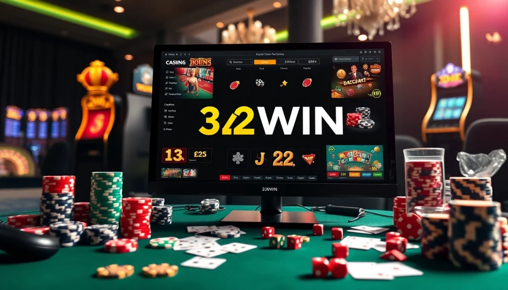 Engaging online gaming scene with 32WIN displayed prominently on a sleek casino interface.
