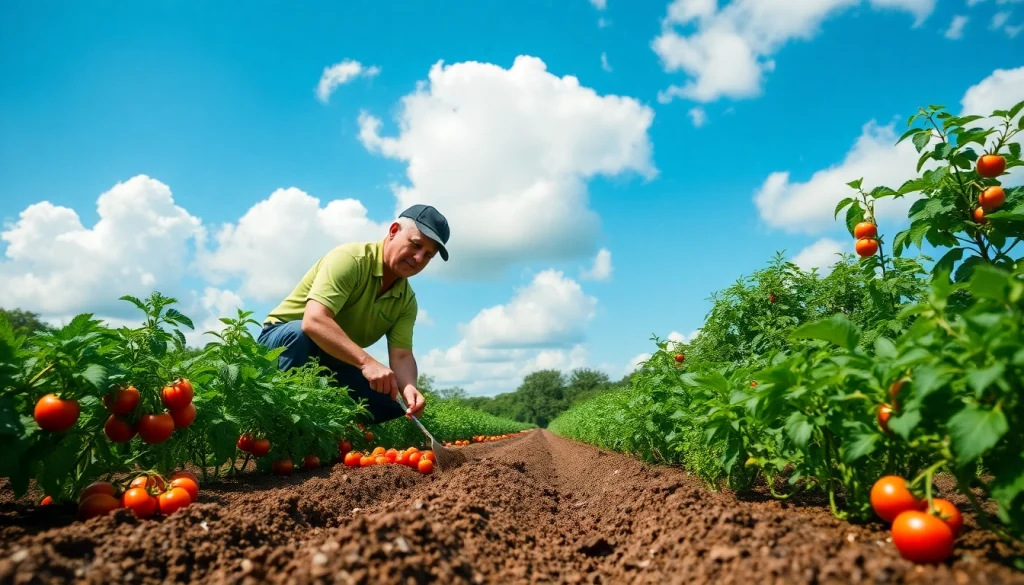Gardening enthusiast nurturing vibrant vegetables in a well-organized garden setting