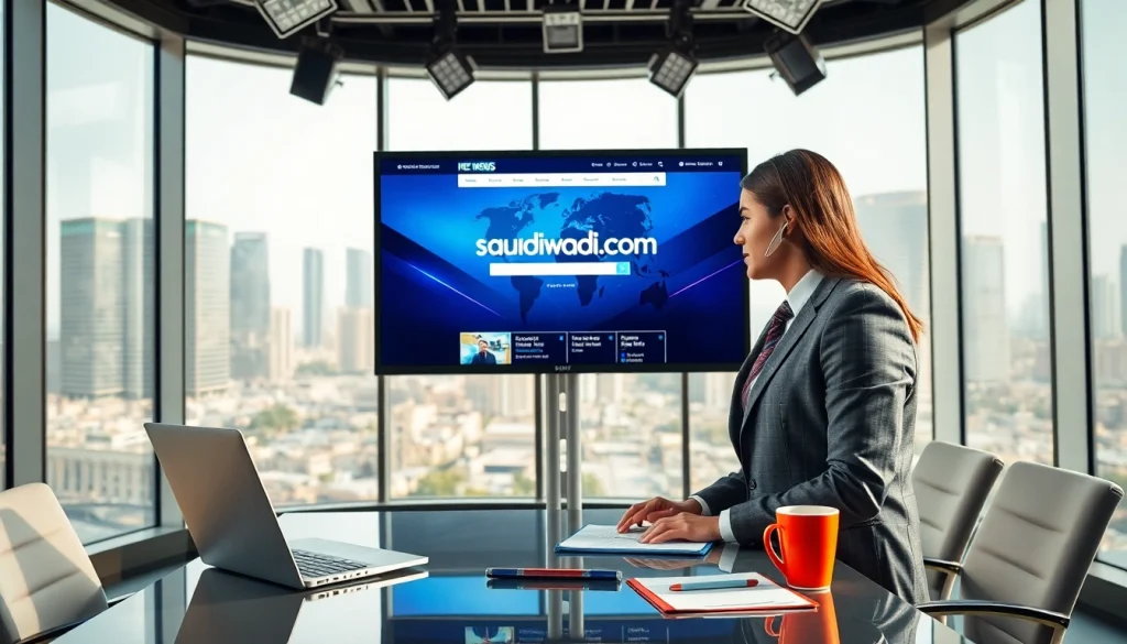 تسليط الضوء على محتوى saudiwadi.com في إعداد مكتبي حديث مع وسائل تقنية متطورة.