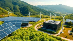 Crypto mining facility powered by renewable energy sources, showcasing solar panels and wind turbines.