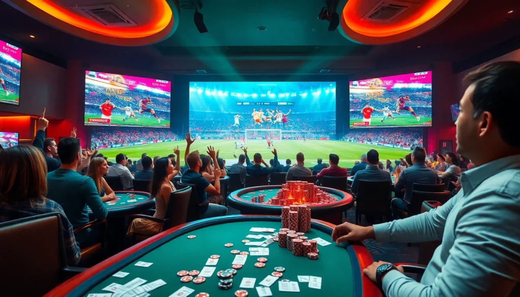 Experience the excitement of xem bóng đá trực tiếp in a lively casino atmosphere with fans and betting.